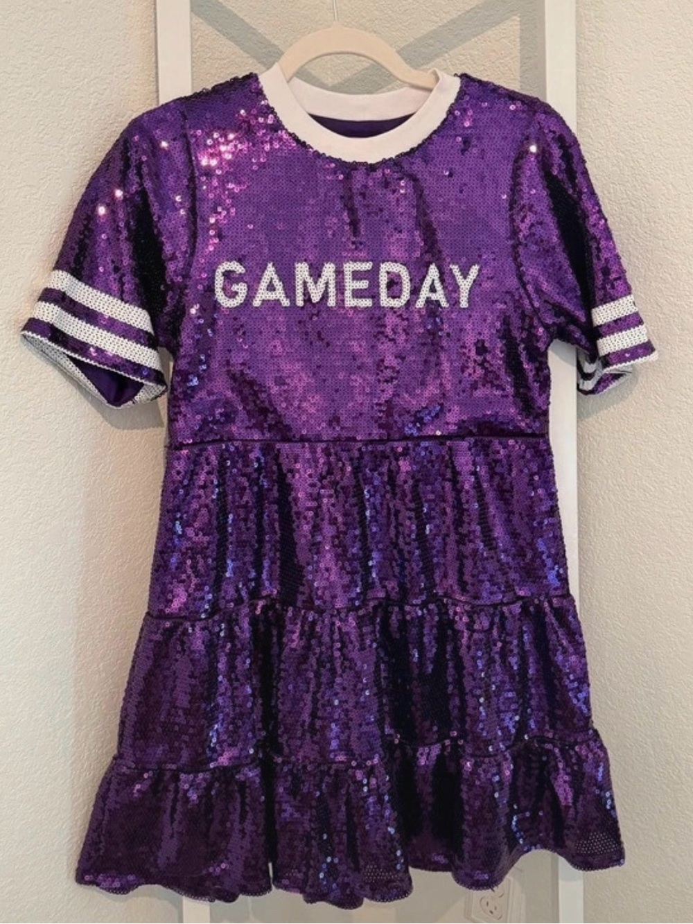 Purple Sequin Game Day Tiered Dress Small NWT White Stripe Short Sleeve